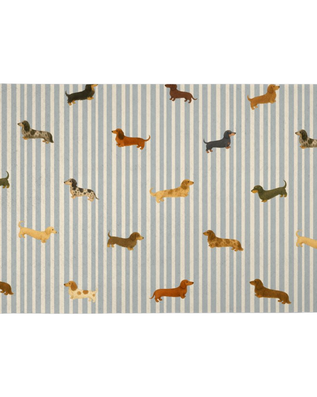 Dachshund feeding mat with mini dachshund and dapple dachshund on coastal blue stripe background