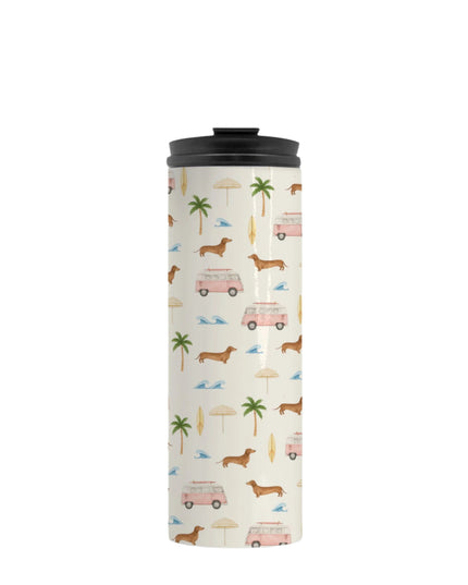 Tumbler with a travel-themed dachshund pattern on a white background featuring wiener dogs, pink retro vans, palm trees and beach umbrellas
