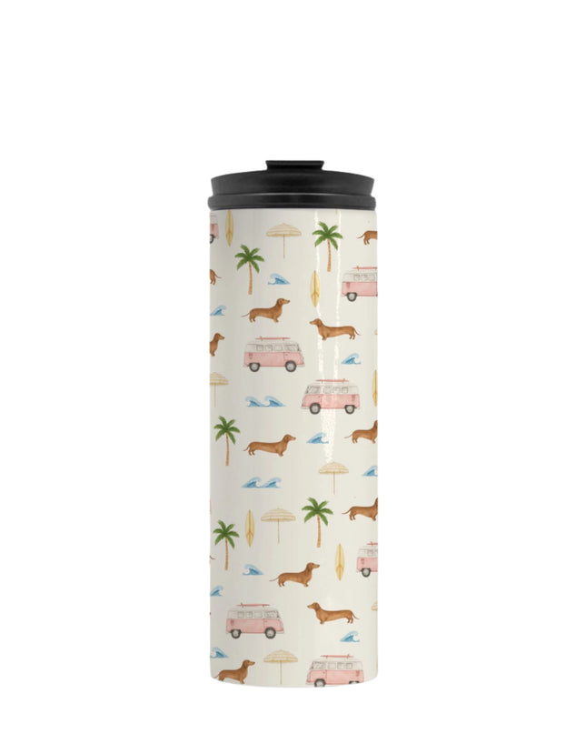 Tumbler with a travel-themed dachshund pattern on a white background featuring wiener dogs, pink retro vans, palm trees and beach umbrellas