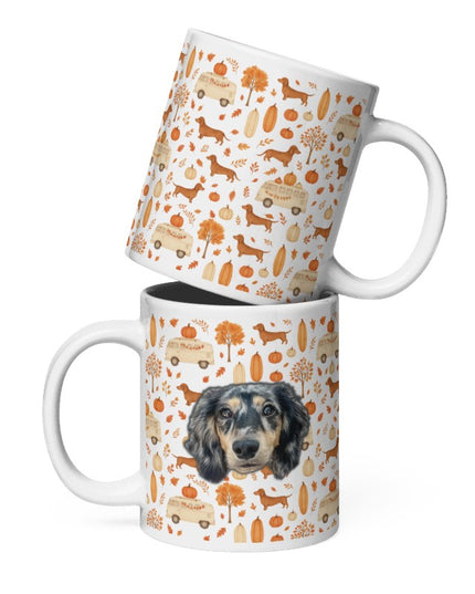 White Glossy Mug - Dachshund Harvest Road Trip – Fall Festival Print