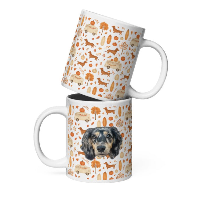 White Glossy Mug - Dachshund Harvest Road Trip – Fall Festival Print