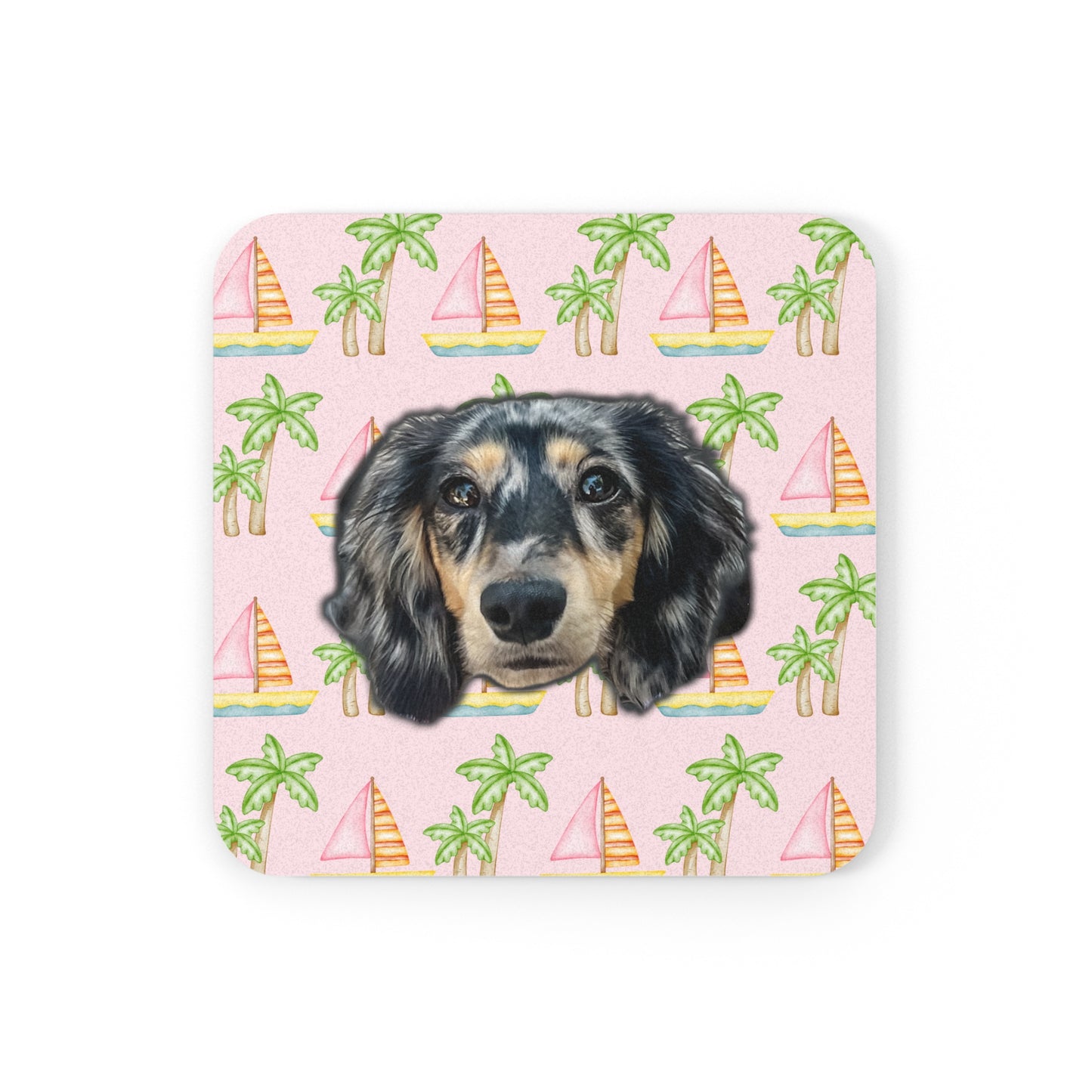 Pink coaster with pink sailboats and green palm trees, personalized with a simple portrait of your pet's face, set of 4 exclusively at My Doxie Depot