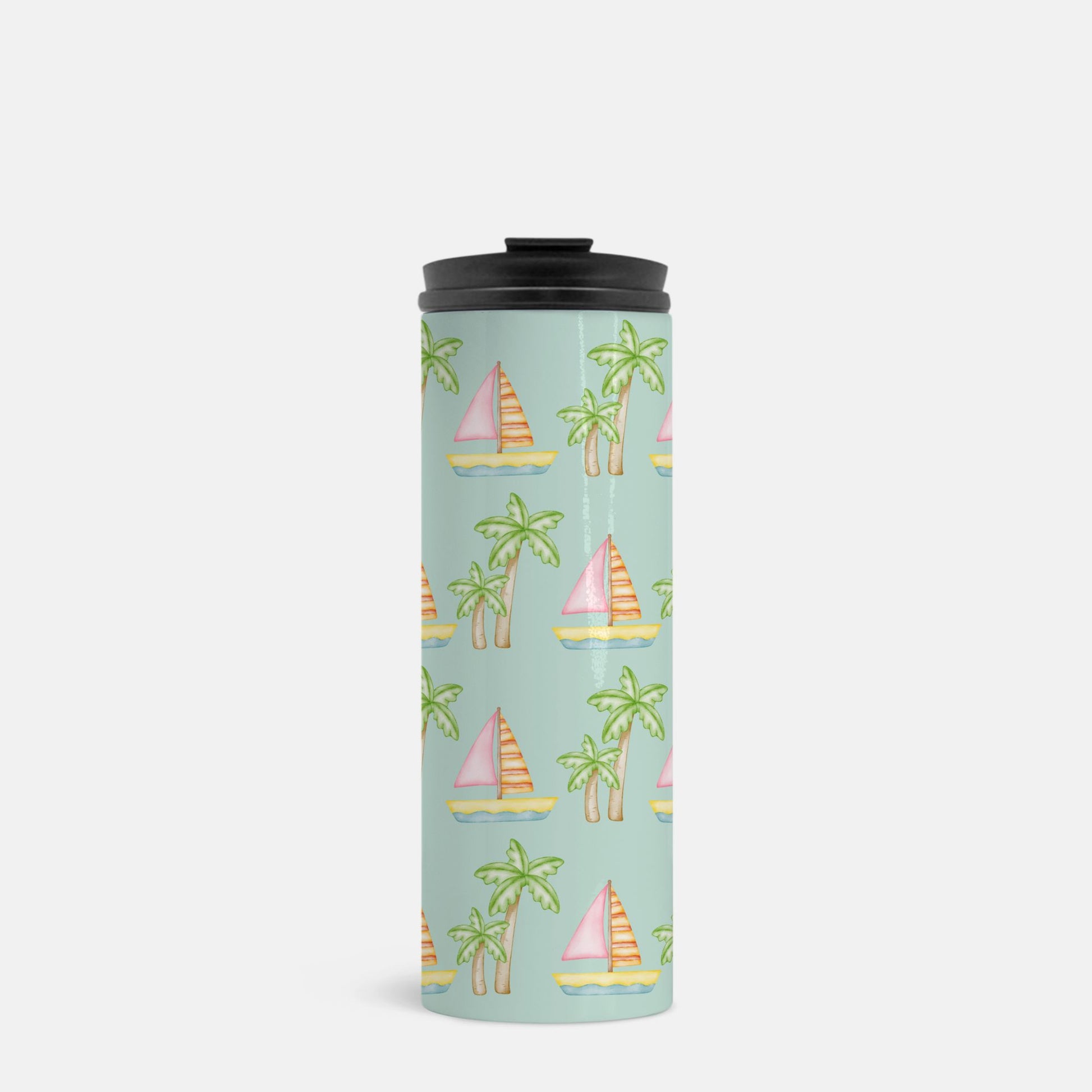 Customizable seafoam thermal tumbler featuring pink sailboats, green palm trees, and your pet’s face portrait, 16 oz, perfect for hot or cold drinks.