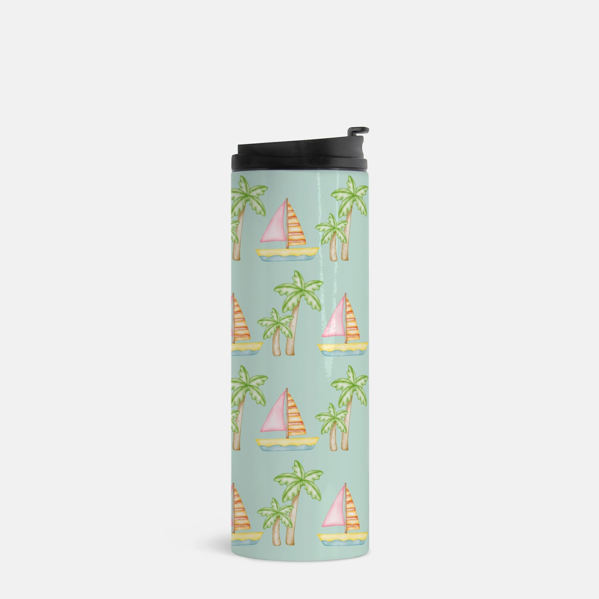 Customizable seafoam thermal tumbler featuring pink sailboats, green palm trees, and your pet’s face portrait, 16 oz, perfect for hot or cold drinks.