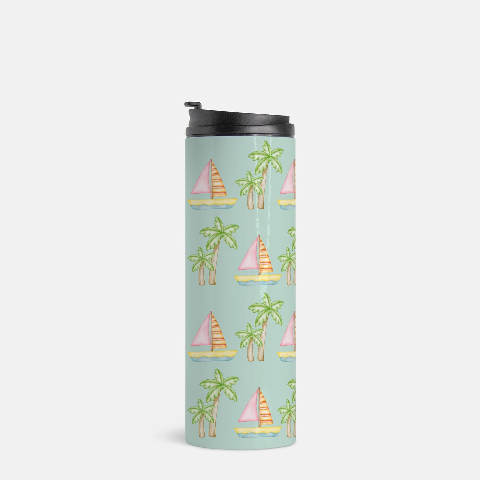 Customizable seafoam thermal tumbler featuring pink sailboats, green palm trees, and your pet’s face portrait, 16 oz, perfect for hot or cold drinks.