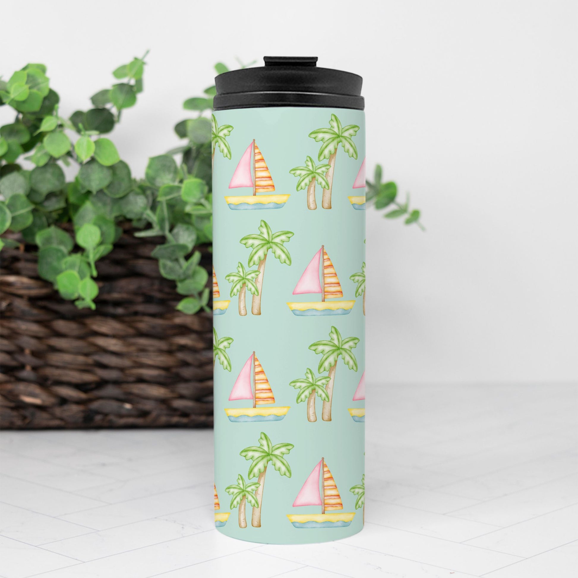 Personalized seafoam thermal tumbler by My Doxie Depot with pink sailboats and green palm trees print, featuring a simple pet face portrait, 16 oz.