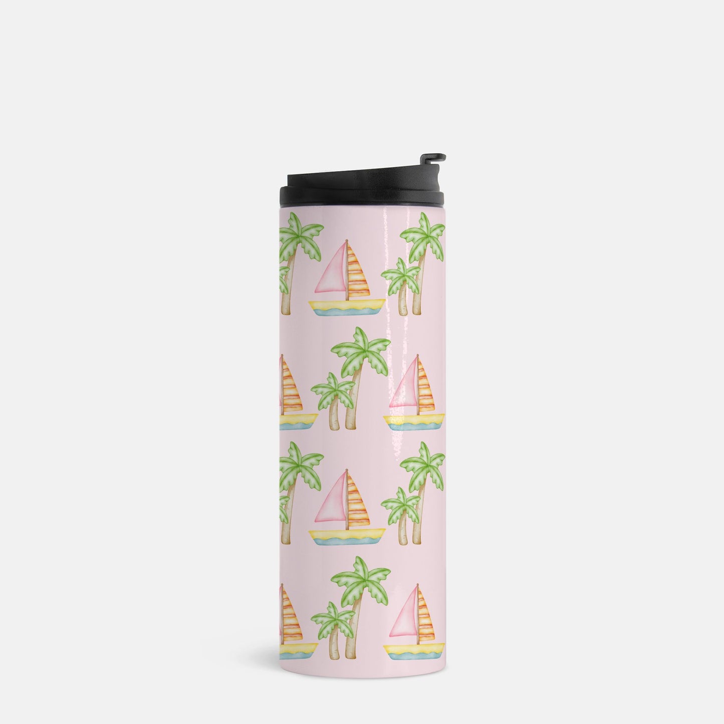 Customizable pink thermal tumbler featuring pink sailboats, green palm trees, and your pet’s face portrait, 16 oz, perfect for hot or cold drinks.