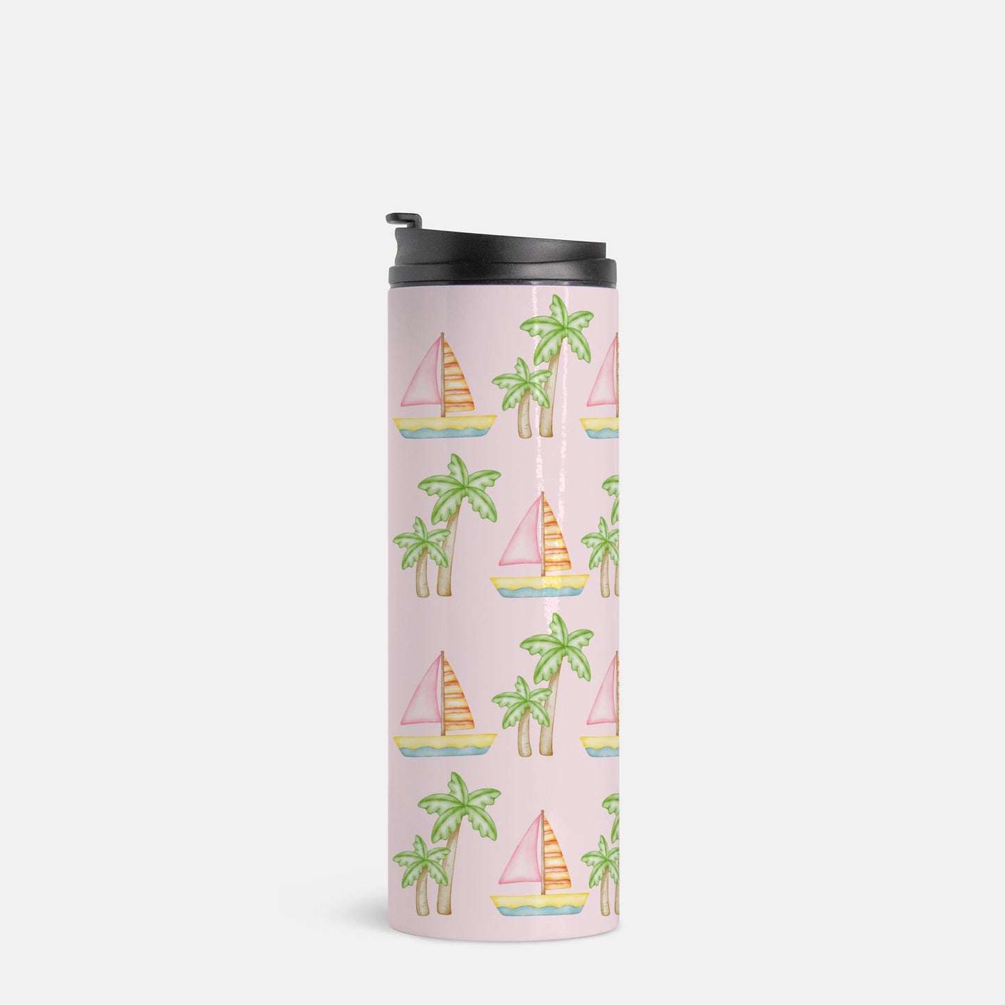 Customizable pink thermal tumbler featuring pink sailboats, green palm trees, and your pet’s face portrait, 16 oz, perfect for hot or cold drinks.