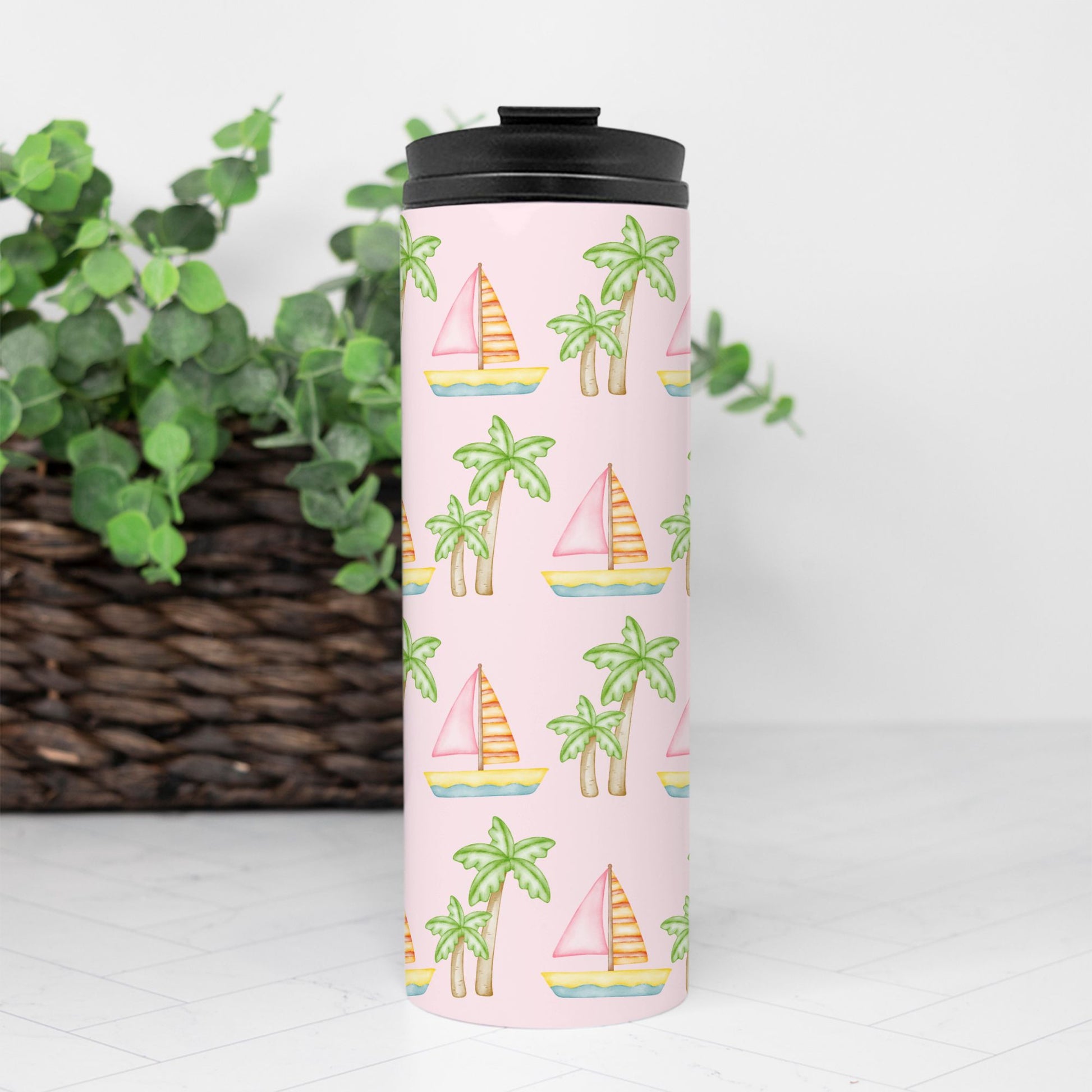 Personalized pink thermal tumbler by My Doxie Depot with pink sailboats and green palm trees print, featuring a simple pet face portrait, 16 oz.