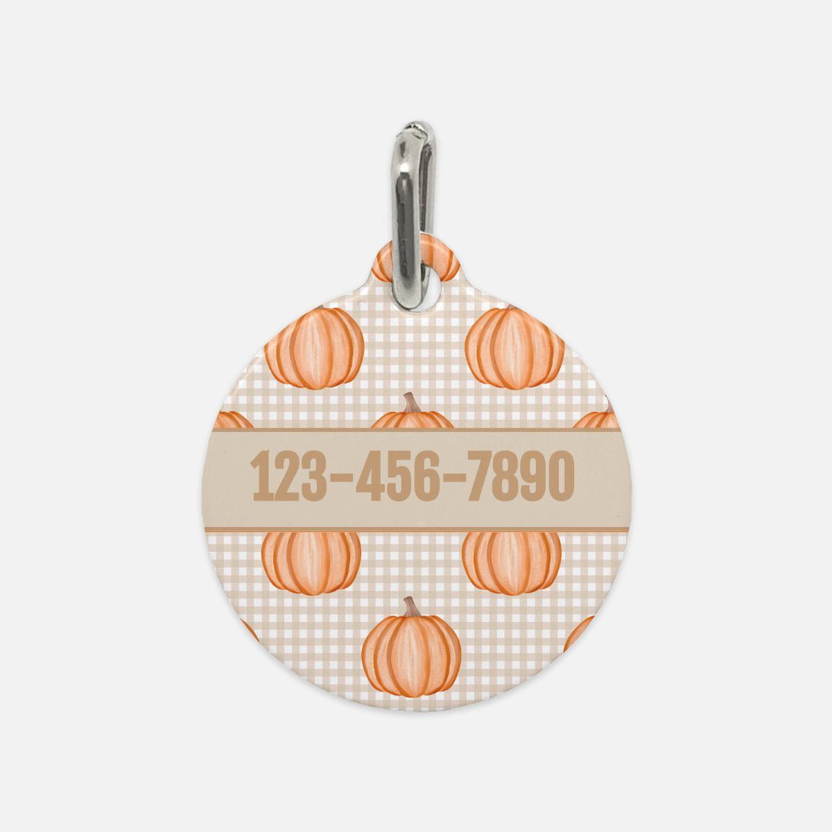 Taupe Gingham Pumpkin Party Custom Round Metal Pet Tag