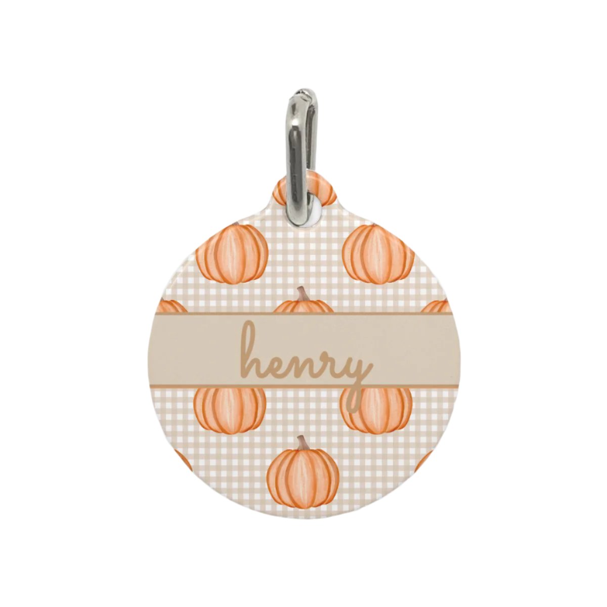 Taupe Gingham Pumpkin Party Custom Round Metal Pet Tag