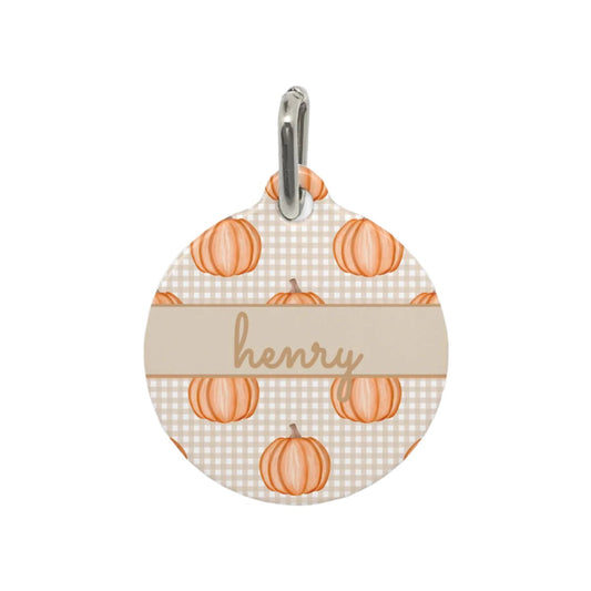 Taupe Gingham Pumpkin Party Custom Round Metal Pet Tag