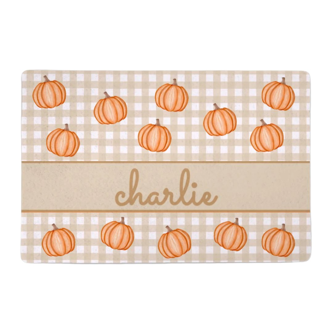 Taupe Gingham Pumpkin Party Custom Pet Food Mat (12x18)