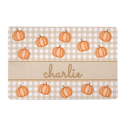 Taupe Gingham Pumpkin Party Custom Pet Food Mat (12x18)