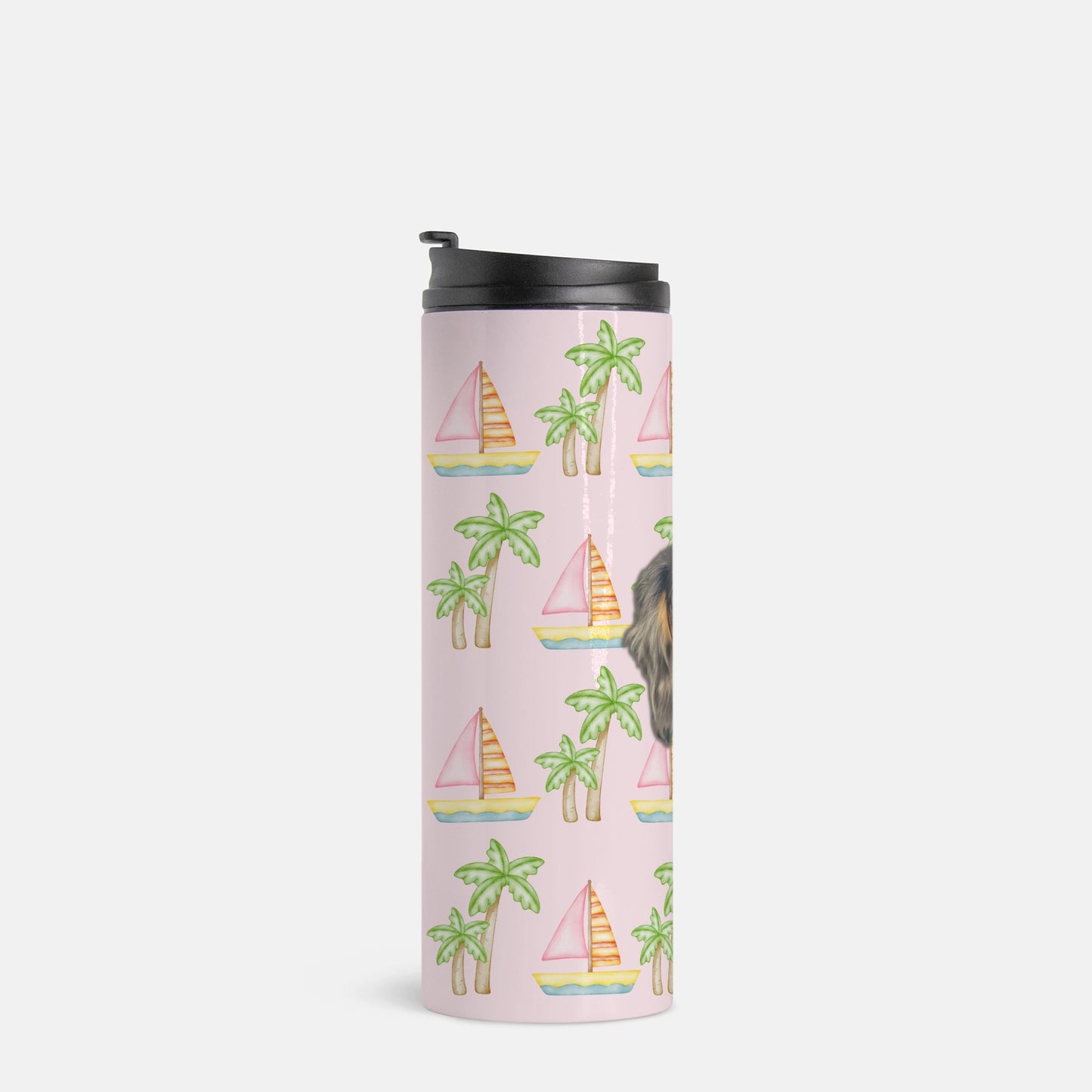 Pink thermal tumbler with pink sailboats and green palm trees, personalized with a simple portrait of your pet's face, 16 oz capacity by My Doxie Depot