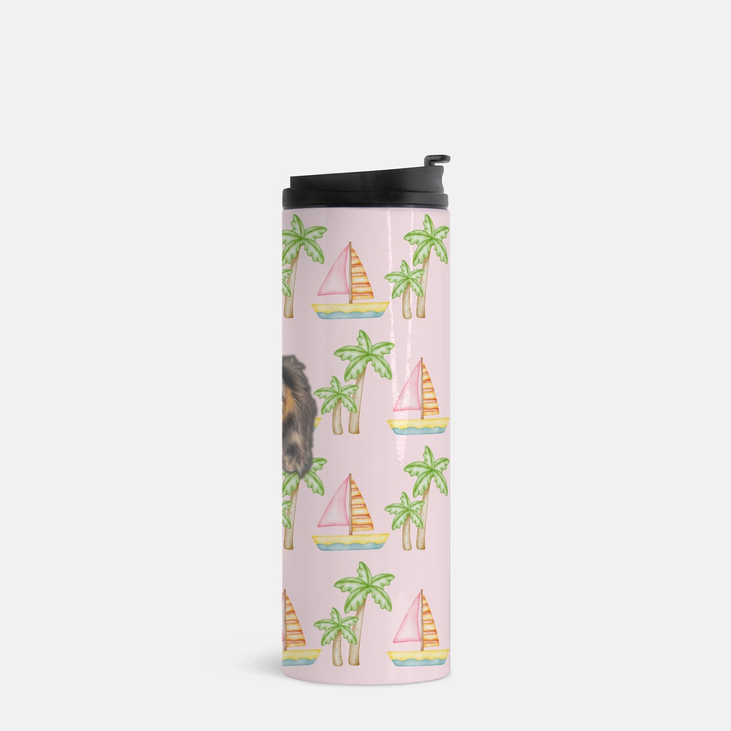 Pink thermal tumbler with pink sailboats and green palm trees, personalized with a simple portrait of your pet's face, 16 oz capacity by My Doxie Depot