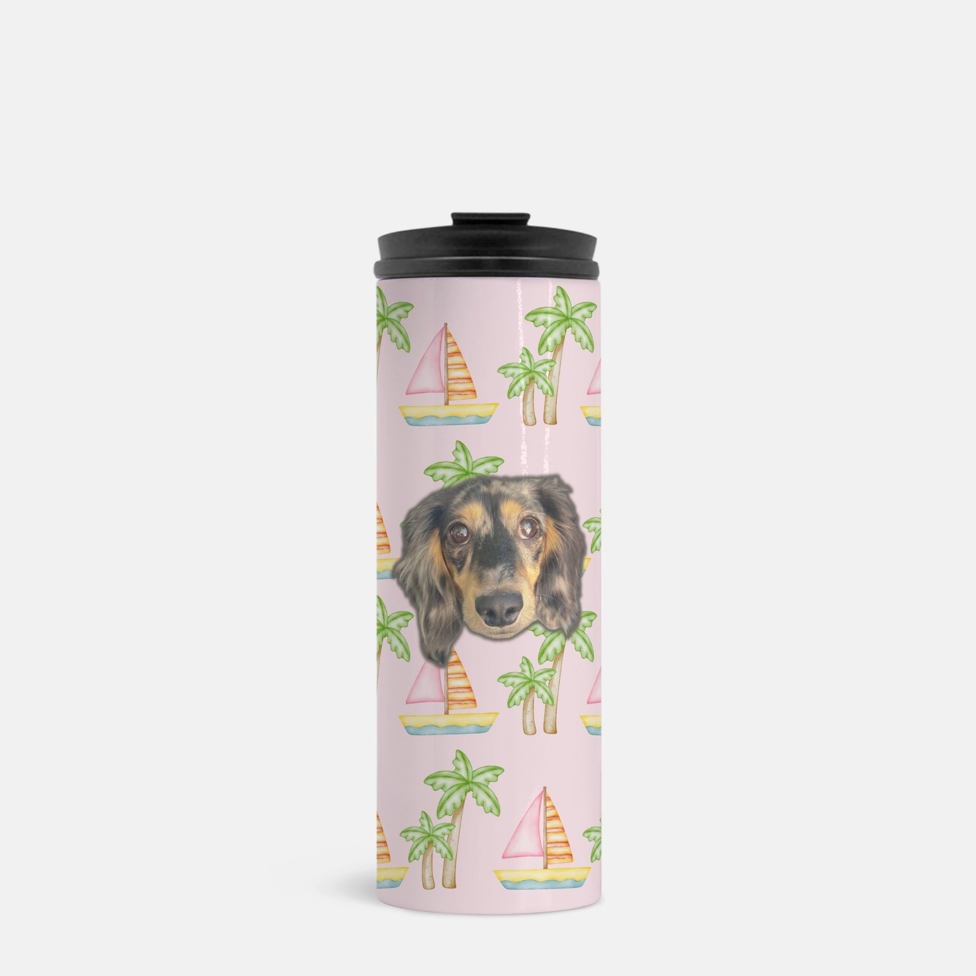 Pink thermal tumbler with pink sailboats and green palm trees, personalized with a simple portrait of your pet's face, 16 oz capacity by My Doxie Depot