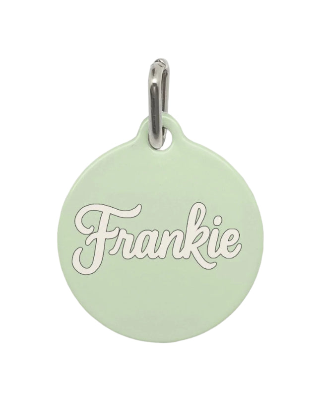 Mint green pet tag with 'Frankie' engraved on a white background