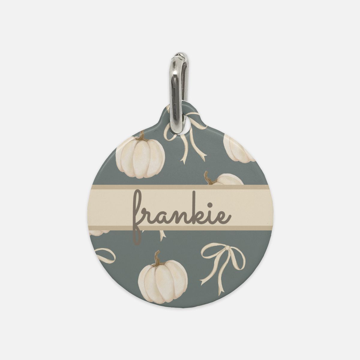 Neutral Harvest Hues: Bows & Pumpkins Custom Round Metal Pet Tag