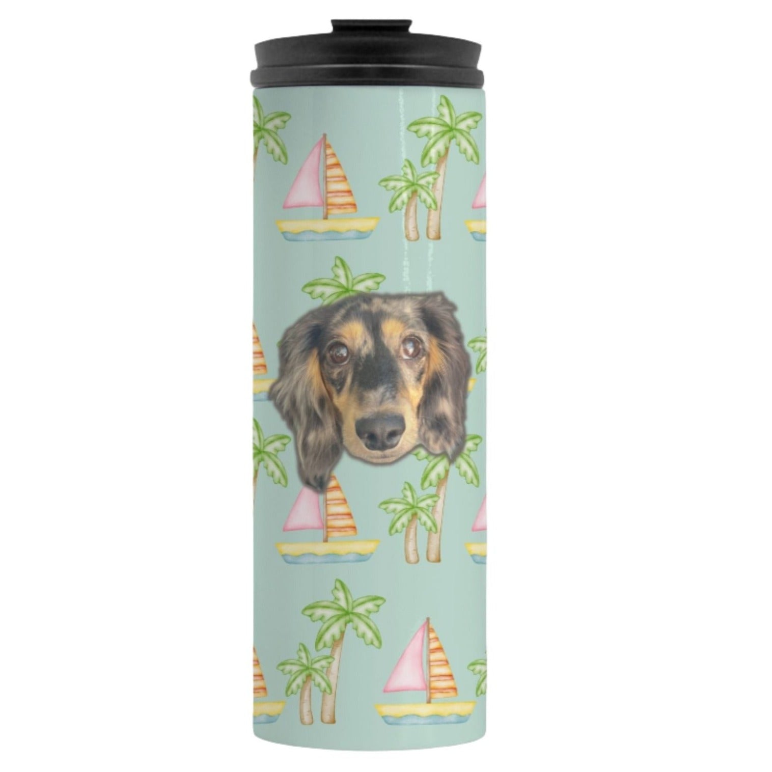 Seafoam thermal tumbler with pink sailboats and green palm trees, personalized with a simple portrait of your pet's face, 16 oz capacity by My Doxie Depot