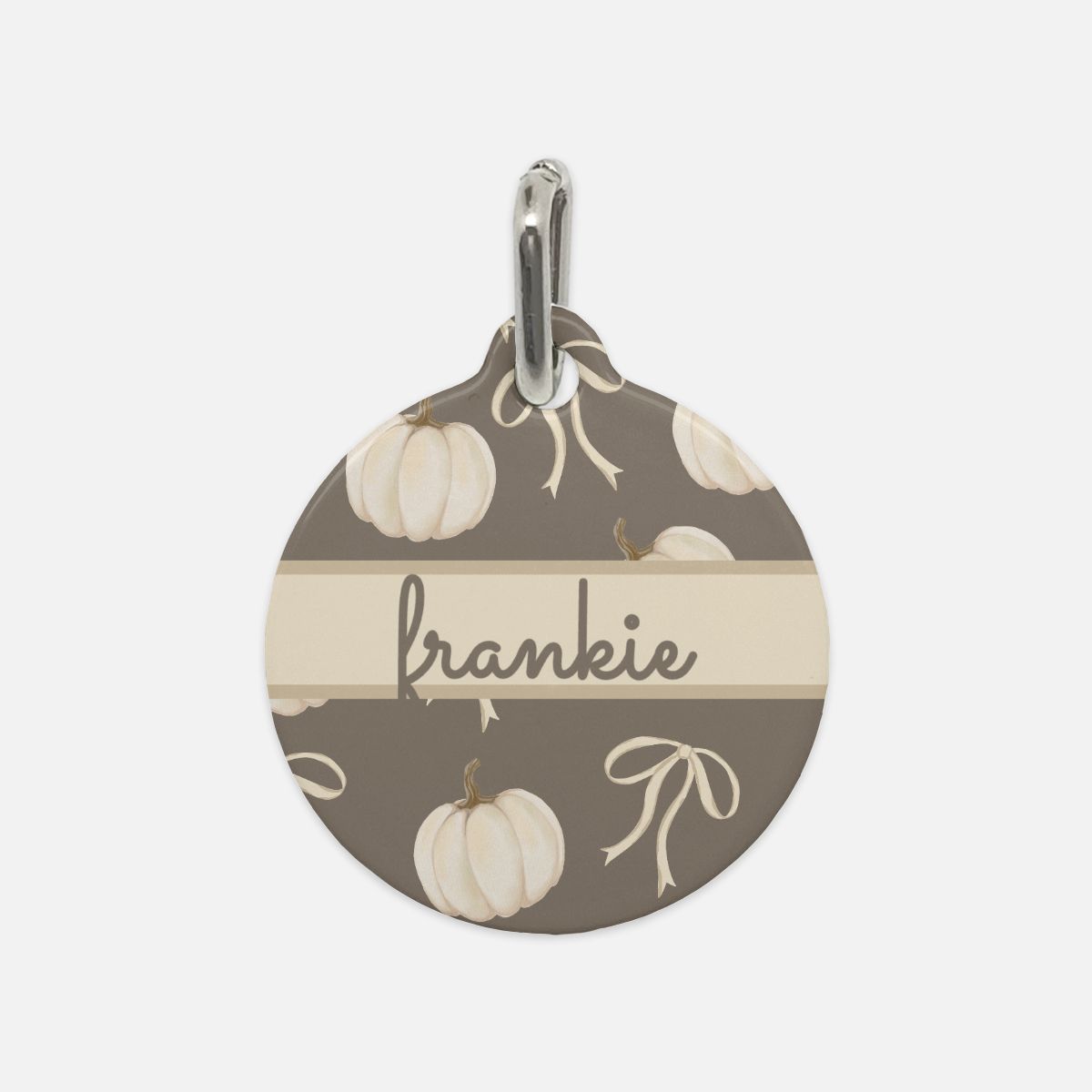 Neutral Harvest Hues: Bows & Pumpkins Custom Round Metal Pet Tag