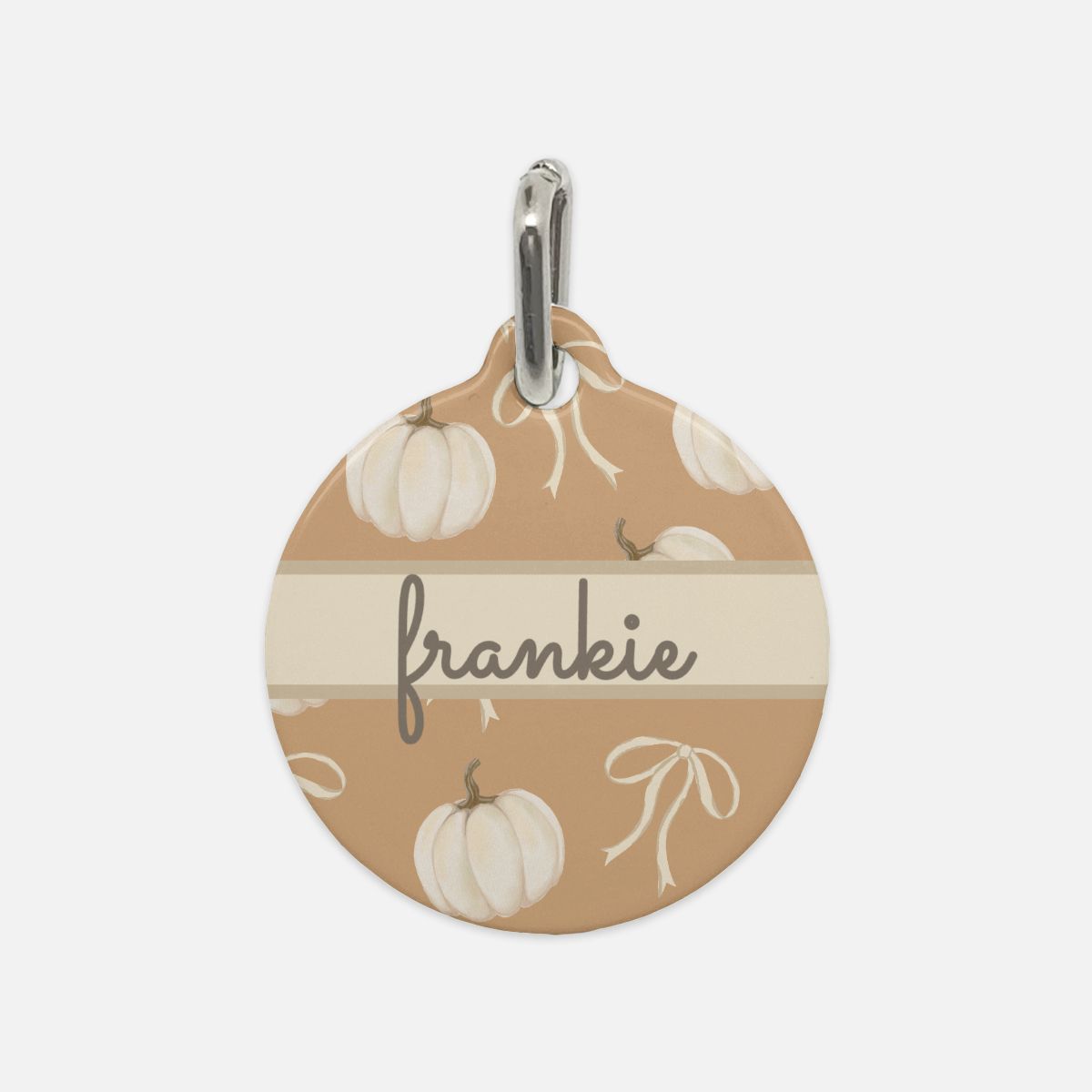 Neutral Harvest Hues: Bows & Pumpkins Custom Round Metal Pet Tag