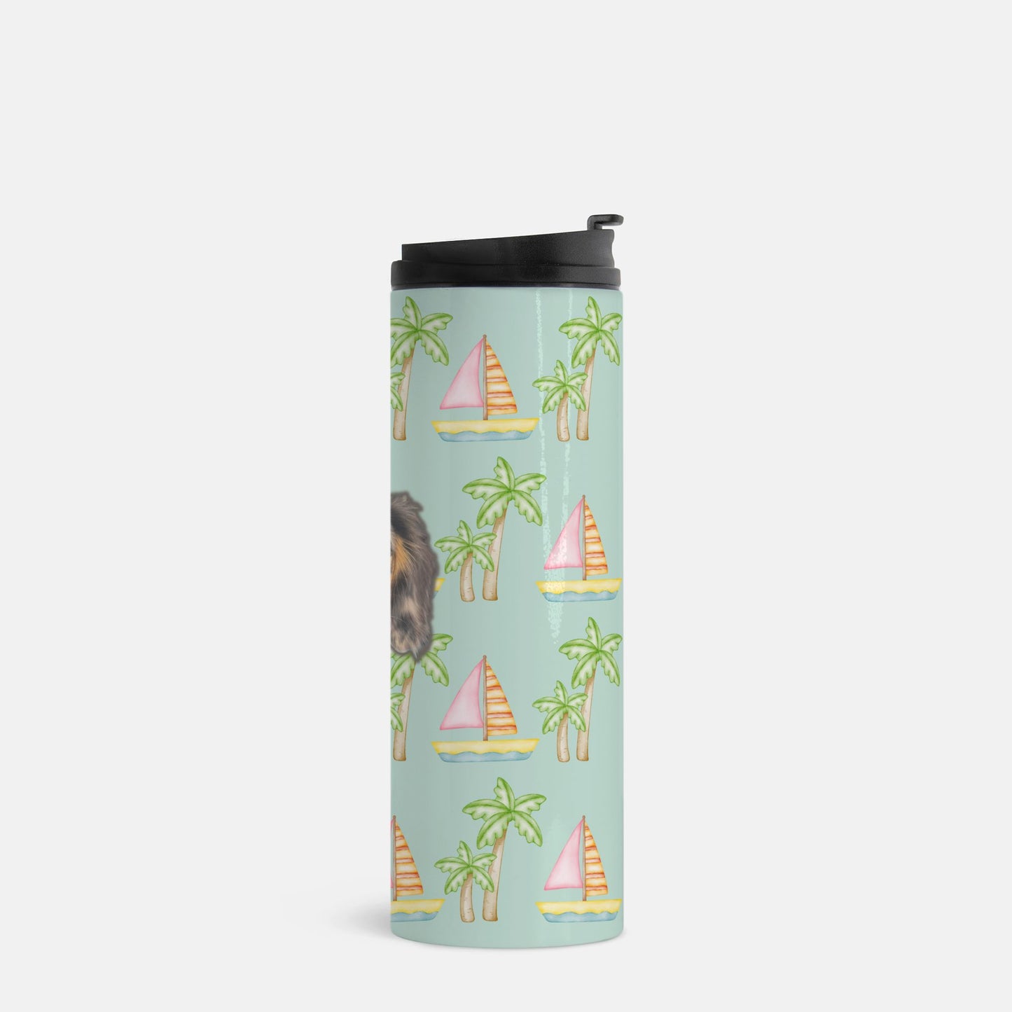 Seafoam thermal tumbler with pink sailboats and green palm trees, personalized with a simple portrait of your pet's face, 16 oz capacity by My Doxie Depot