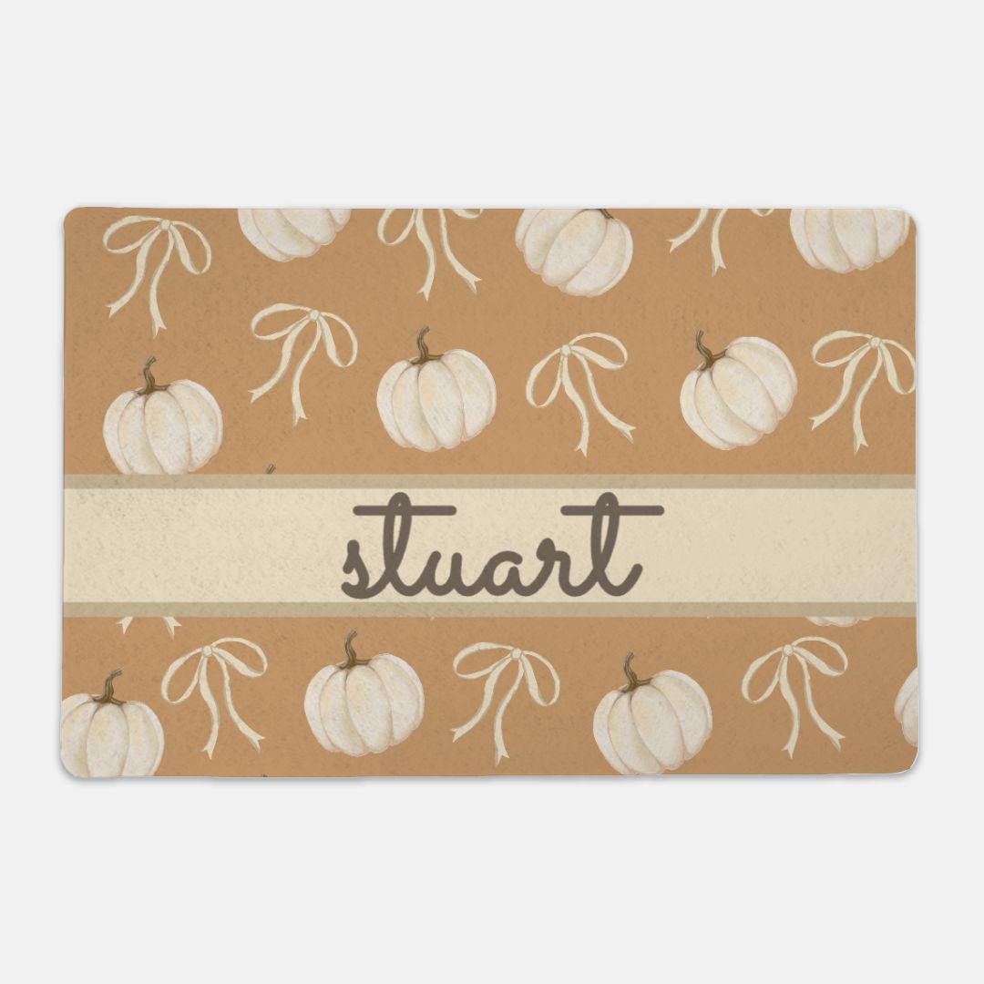 Neutral Harvest Hues: Bows & Pumpkins Pet Food Mat (12x18)