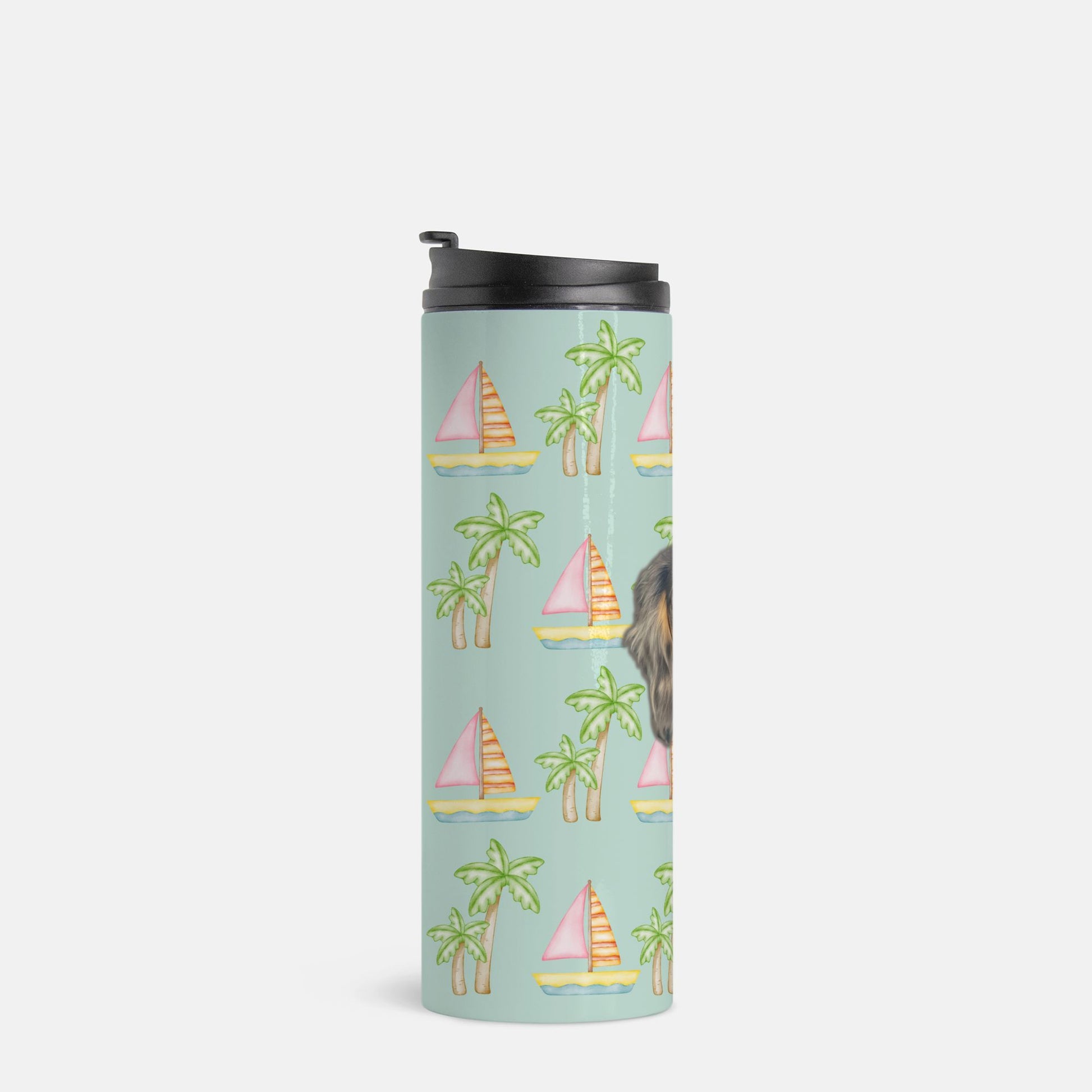 Seafoam thermal tumbler with pink sailboats and green palm trees, personalized with a simple portrait of your pet's face, 16 oz capacity by My Doxie Depot