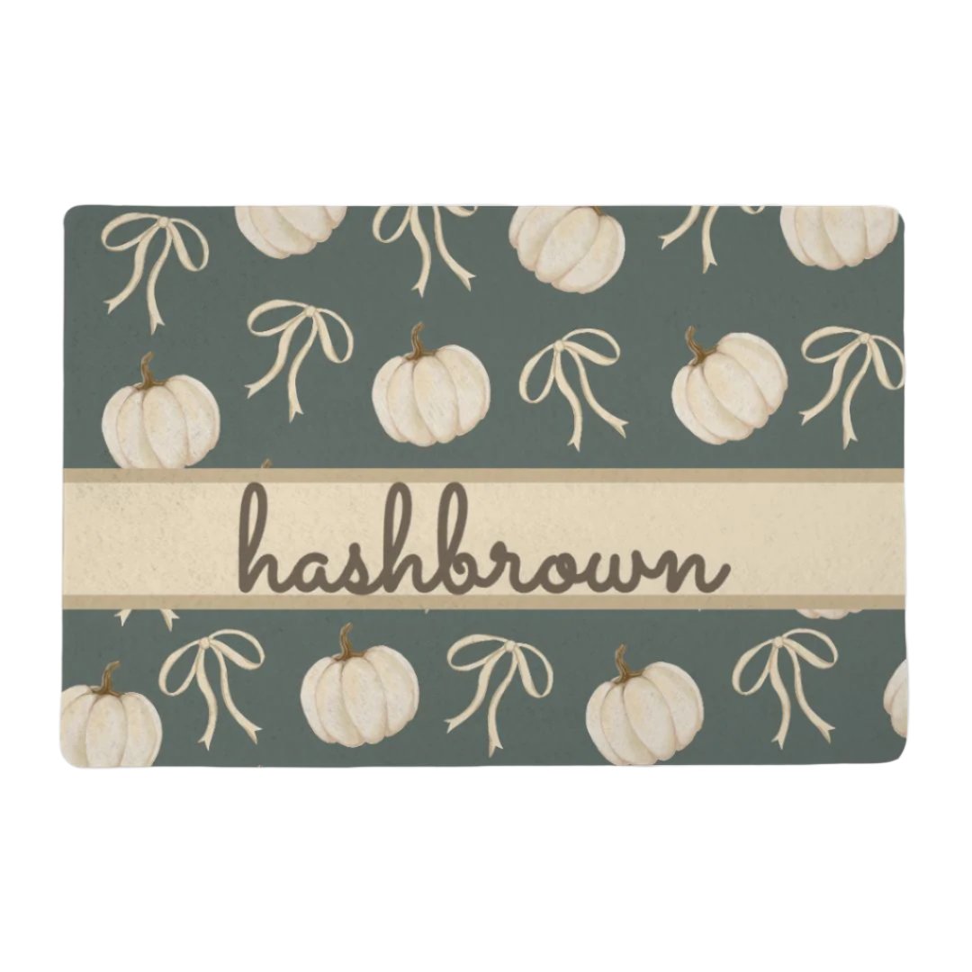 Neutral Harvest Hues: Bows & Pumpkins Pet Food Mat (12x18)