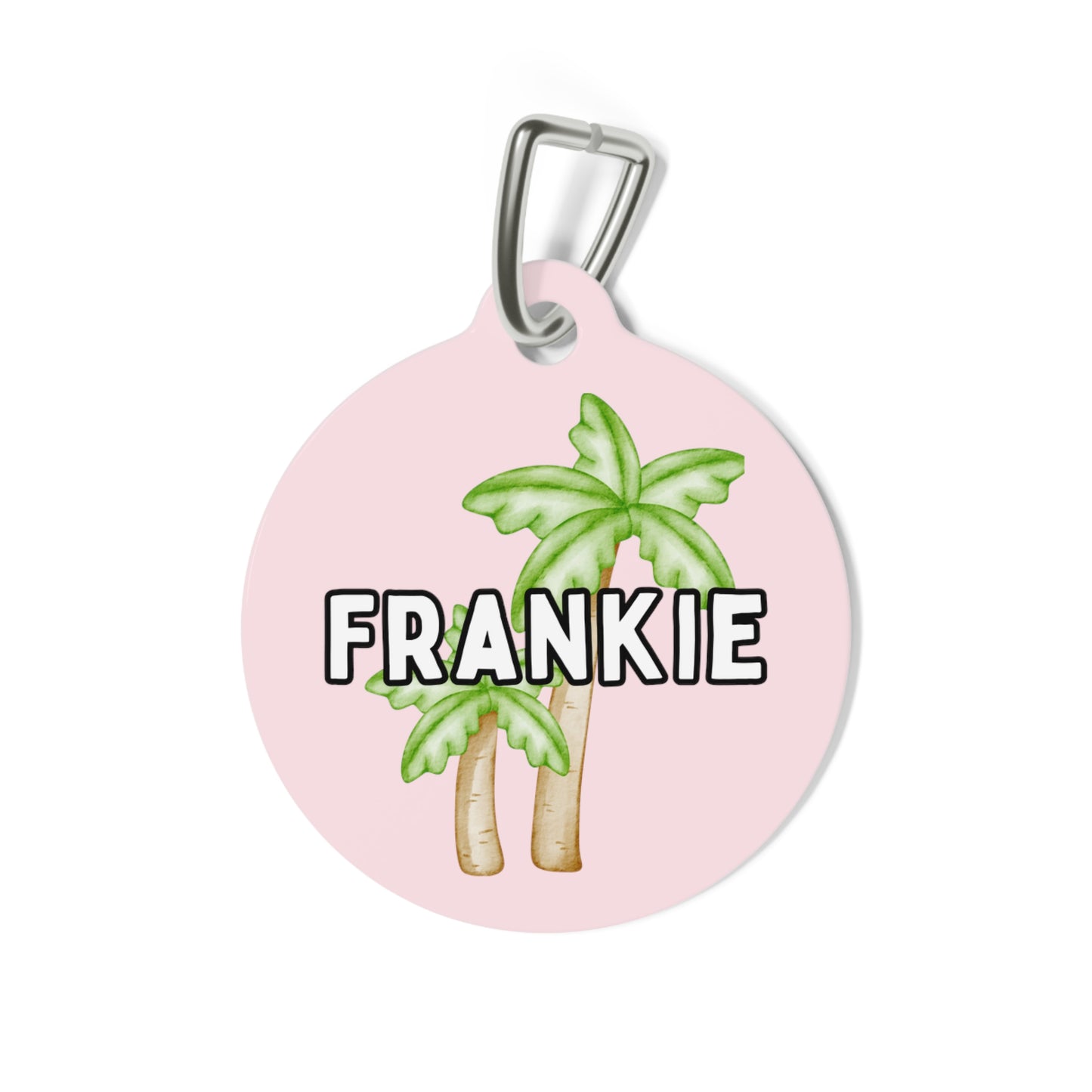 Customizable pink pet tag featuring pink sailboats, green palm trees, and your pet’s name, with a durable metal construction and clip by My Doxie Depot