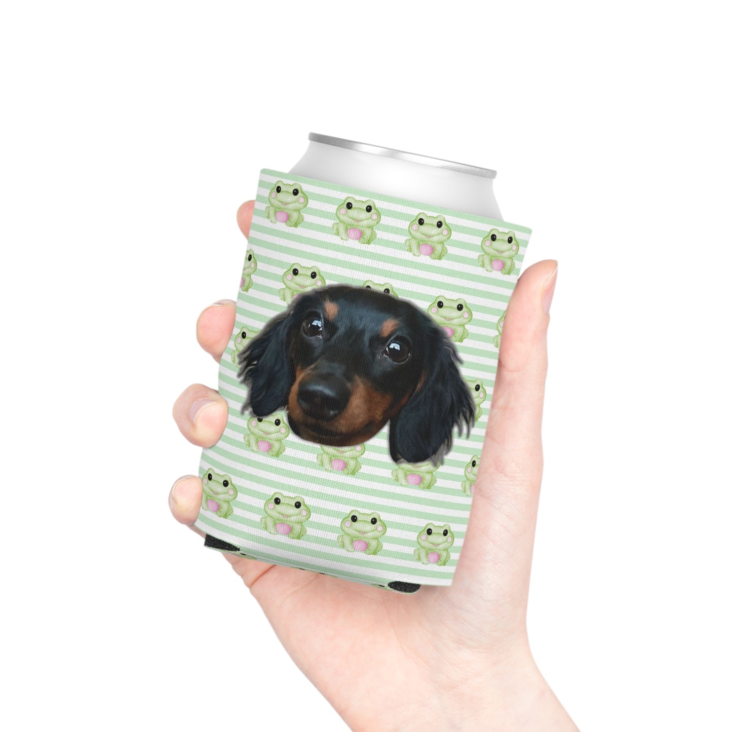 Playful Frog Stripes Custom Can Cooler Coozie