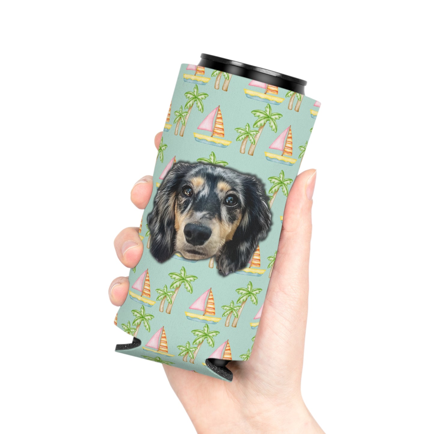 Customizable seafoam can cooler featuring pink sailboats and green palm trees, perfect for dog lovers, two sizes available by My Doxie Depot