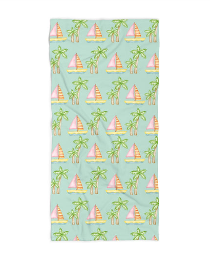 Customizable seafoam beach towel featuring pink sailboats, green palm trees, and your pet’s face with 'Stay Wild,' available in regular and oversized sizes.