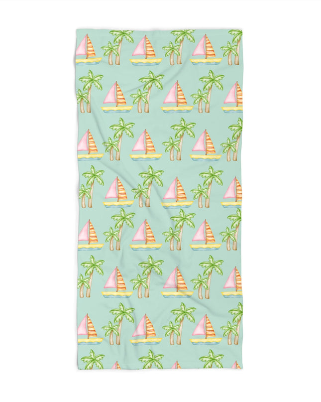 Customizable seafoam beach towel featuring pink sailboats, green palm trees, and your pet’s face with 'Stay Wild,' available in regular and oversized sizes.