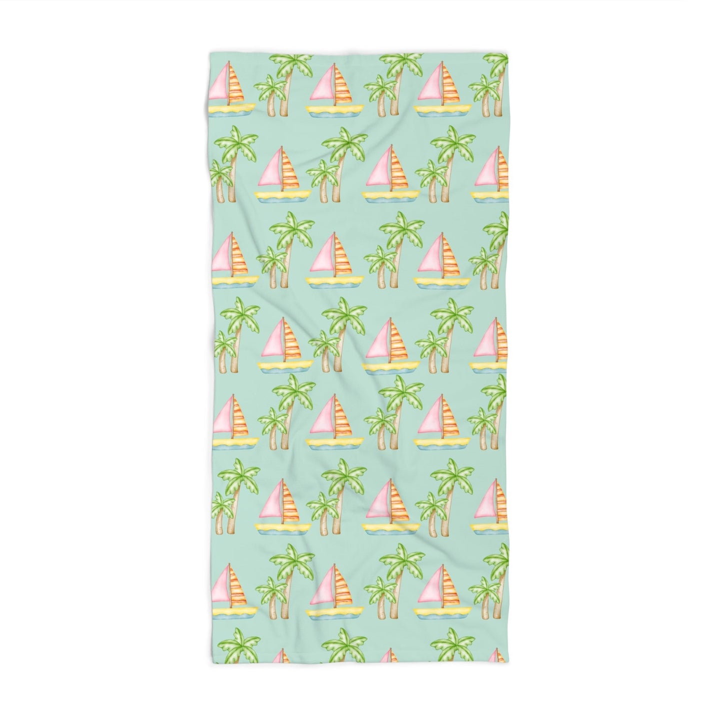 Customizable seafoam beach towel featuring pink sailboats, green palm trees, and your pet’s face with 'Stay Wild,' available in regular and oversized sizes.