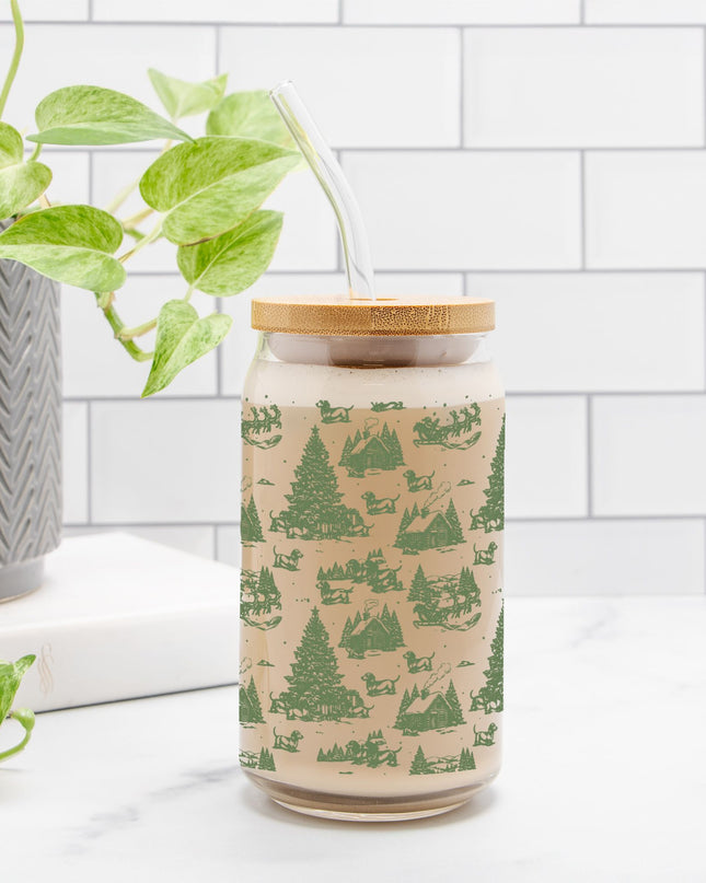 Can Shaped Glass  - Christmas Doxie Toile