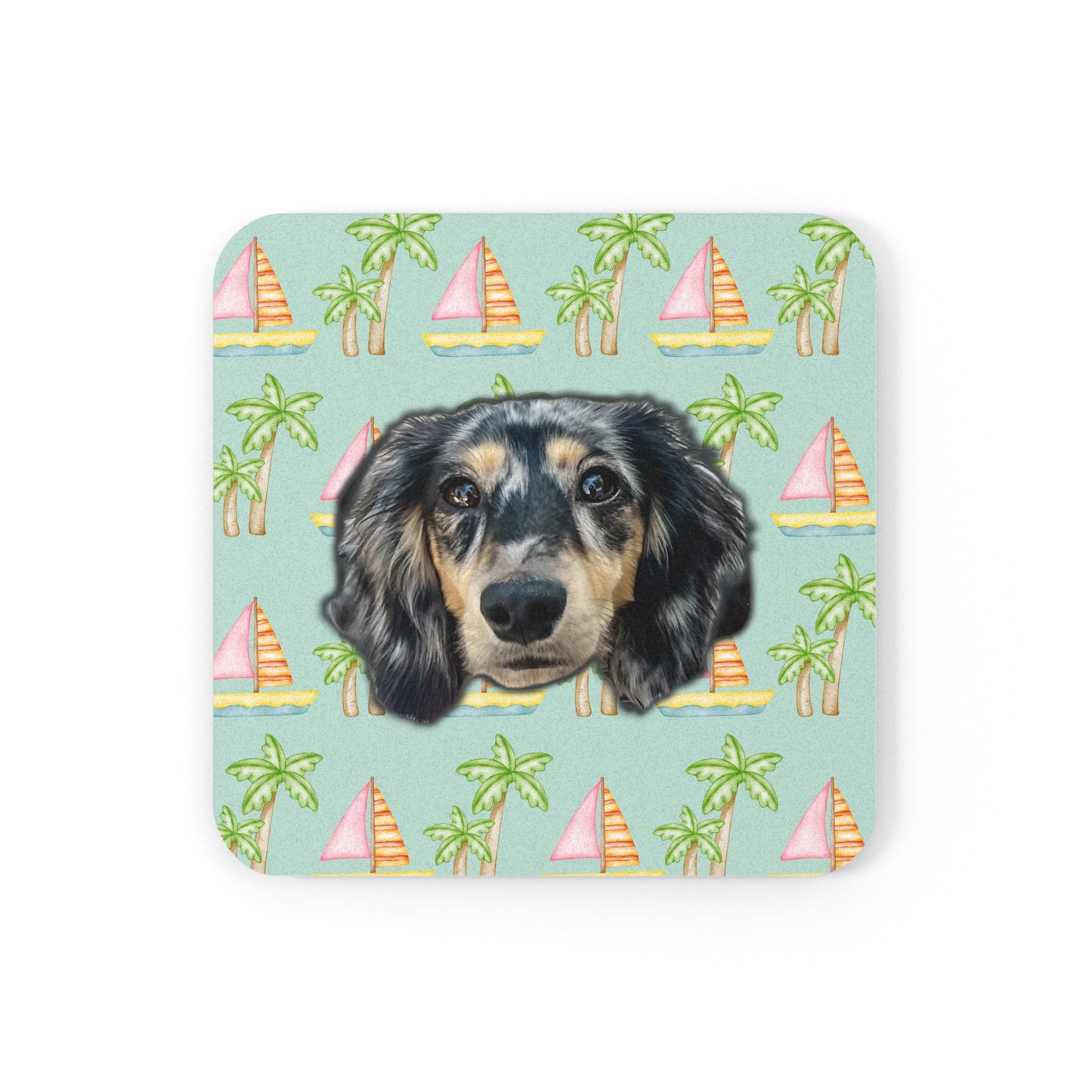 Seafoam coaster with pink sailboats and green palm trees, personalized with a simple portrait of your pet's face, set of 4 exclusively at My Doxie Depot