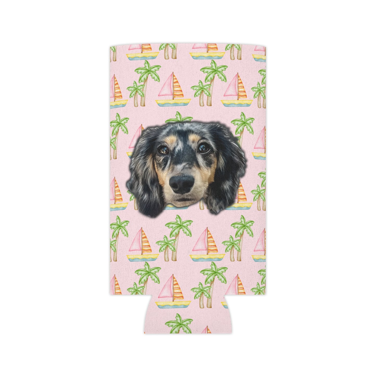 Pink background can cooler with pink sailboats and green palm trees, personalized with a pet's face, available in regular and slim sizes by My Doxie Depot