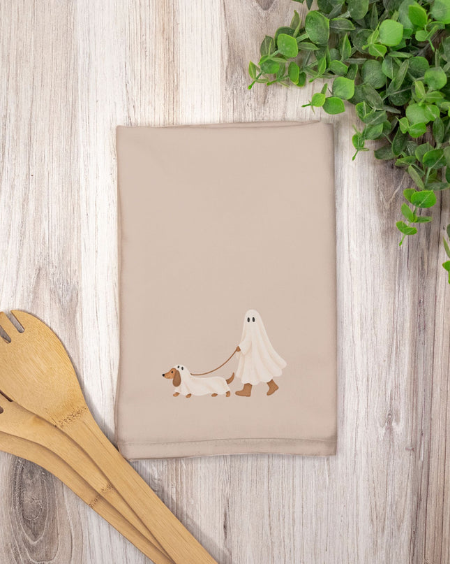 Ghost Walking A Dachshund For Halloween Hostess Towel (Single)