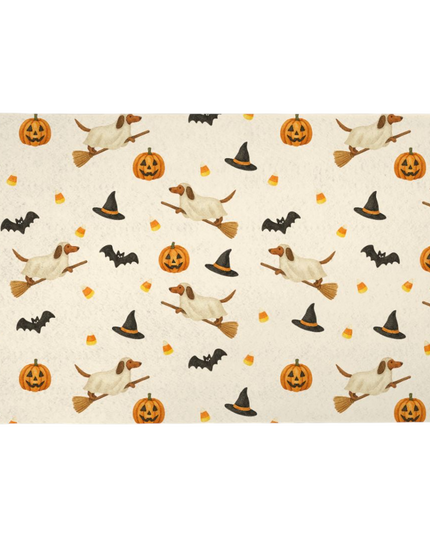 Halloween dachshund feeding mat with ghost costume wiener dog holding pumpkin trick-or-treat pail