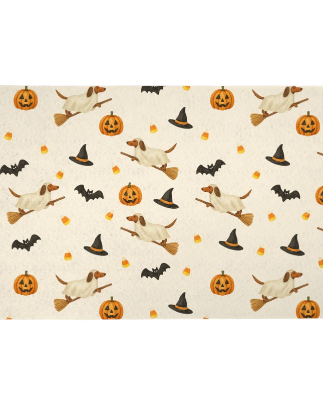 Halloween dachshund feeding mat with ghost costume wiener dog holding pumpkin trick-or-treat pail