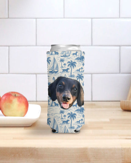Personalized wiener dog koozie with sailboats, palm trees, and dachshund pattern