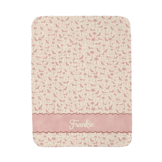 Pattern pet lap blanket in blush featuring dachshunds, palm trees and a toile pattern