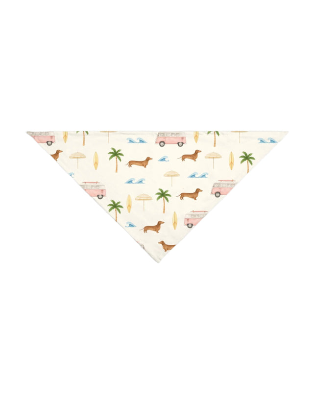 Flat lay of small tie-on dachshund bandana with coastal print featuring surf vans and palm trees