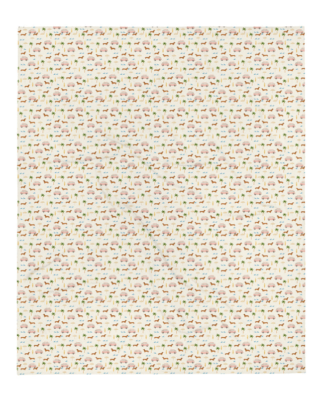 Full square view of dachshund coastal pattern with surf vans, umbrellas, and waves
