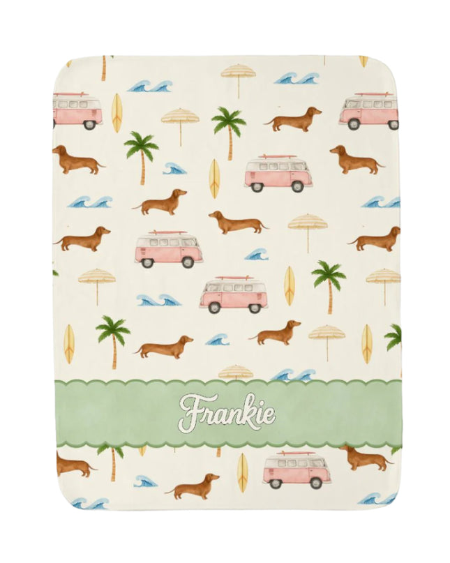 Personalized pet feeding pad with dachshund, pink van, and palm tree pattern on a beige background